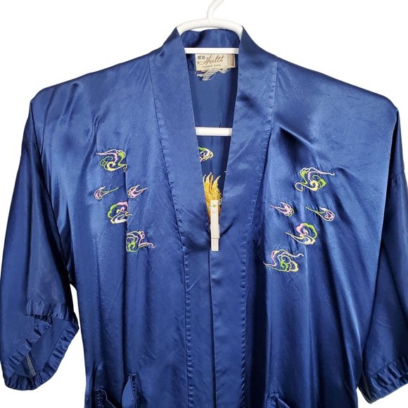Health Shanghai Size M Kimono Robe Silky Rayon Embroidered Dragon Tie Belt Blue - Picture 5 of 14